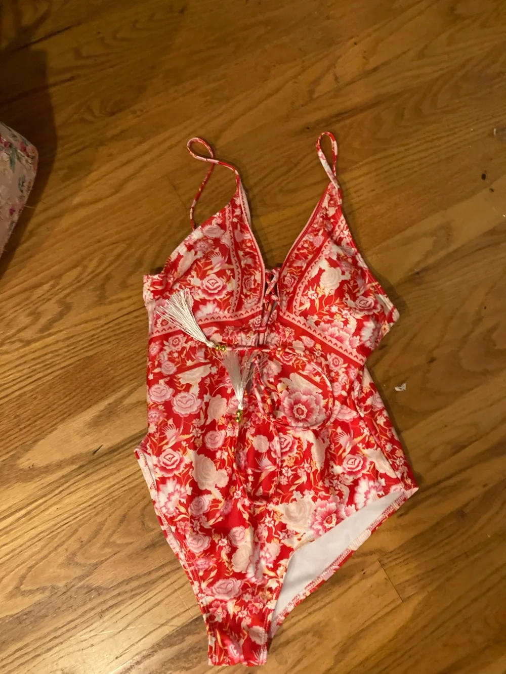 Red Floral One-Piece Swimsuit with Tassel Detail L NWOT